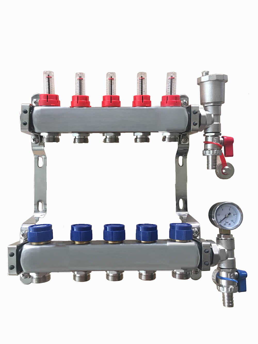 5 Port Stainless Steel Manifold Assembly - Pressure Gauge & Air Vent