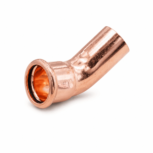 Copper 45-degree bend with one press socket and one spigot end on a white background