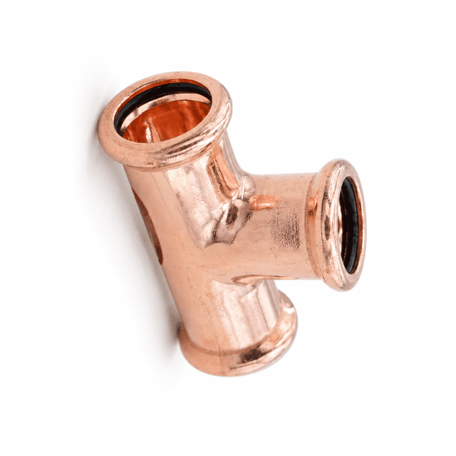 Copper press equal tee with three connections on a white background