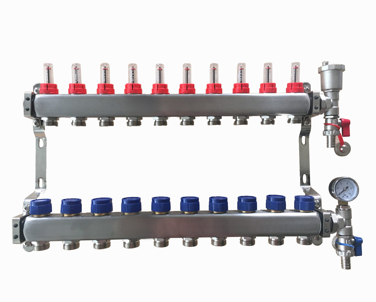 10 Port Stainless Steel Manifold Assembly - Pressure Gauge & Air Vent