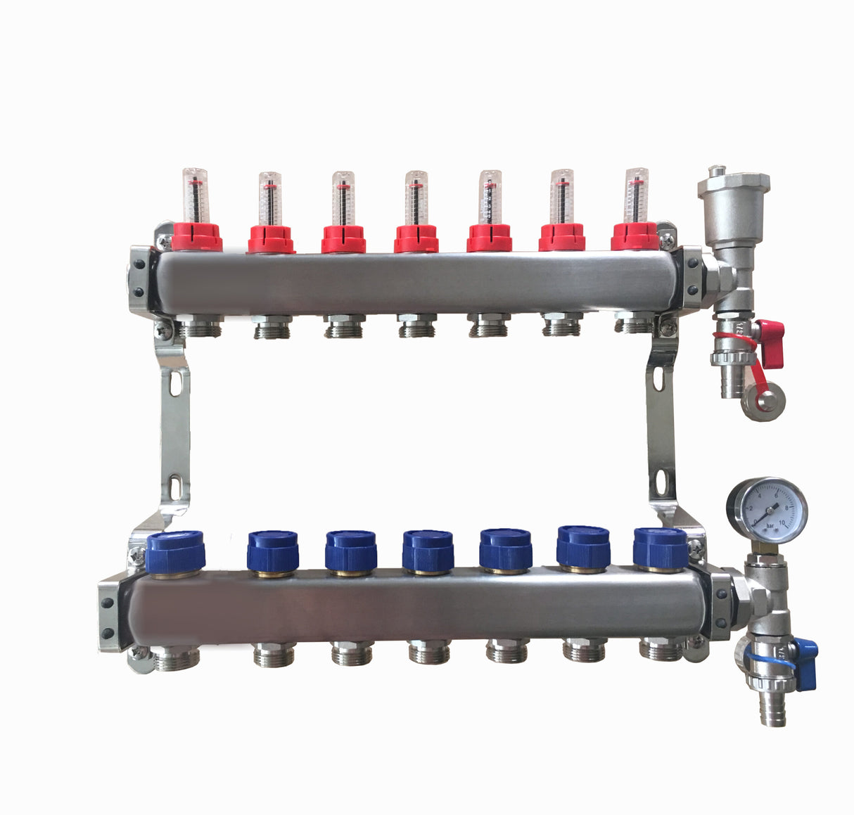 7 Port Stainless Steel Manifold Assembly - Pressure Gauge & Air Vent
