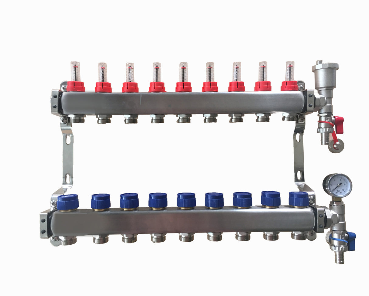 9 Port Stainless Steel Manifold Assembly - Pressure Gauge & Air Vent