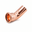 Copper 45-degree bend with one press socket and one spigot end on a white background