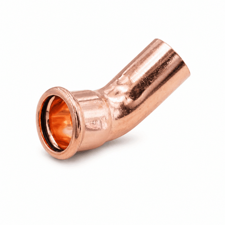 Copper 45-degree bend with one press socket and one spigot end on a white background